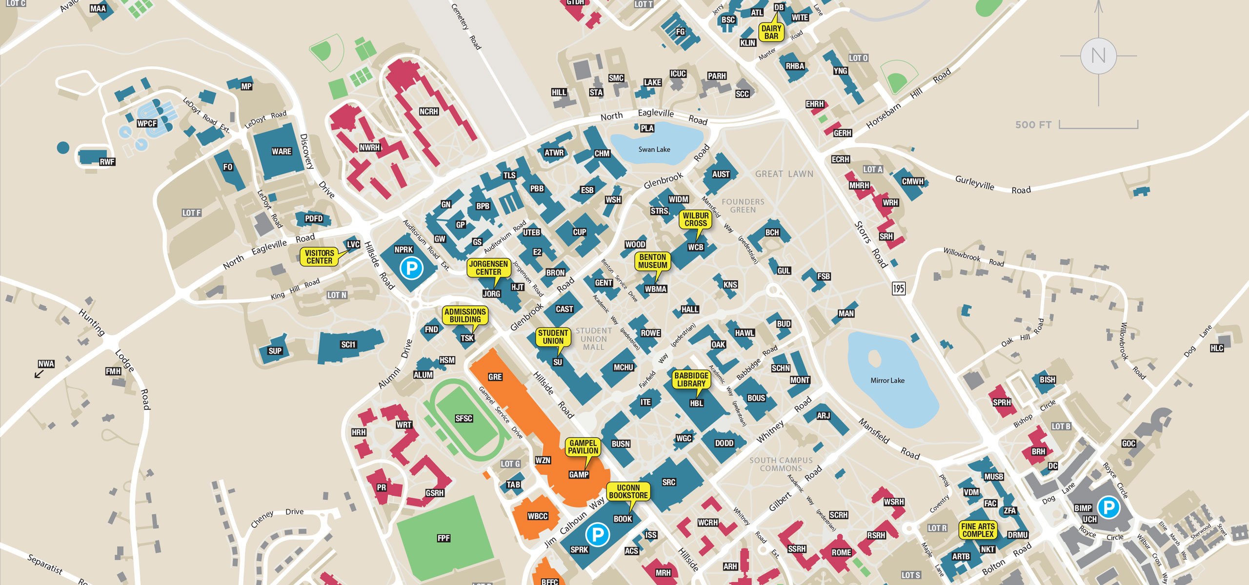 Map of UConn Storrs Campus. Parking garages are located at Hillside Road (North Garage) and Jim Calhoun Way (South Garage) and are marked with the blue circle P.