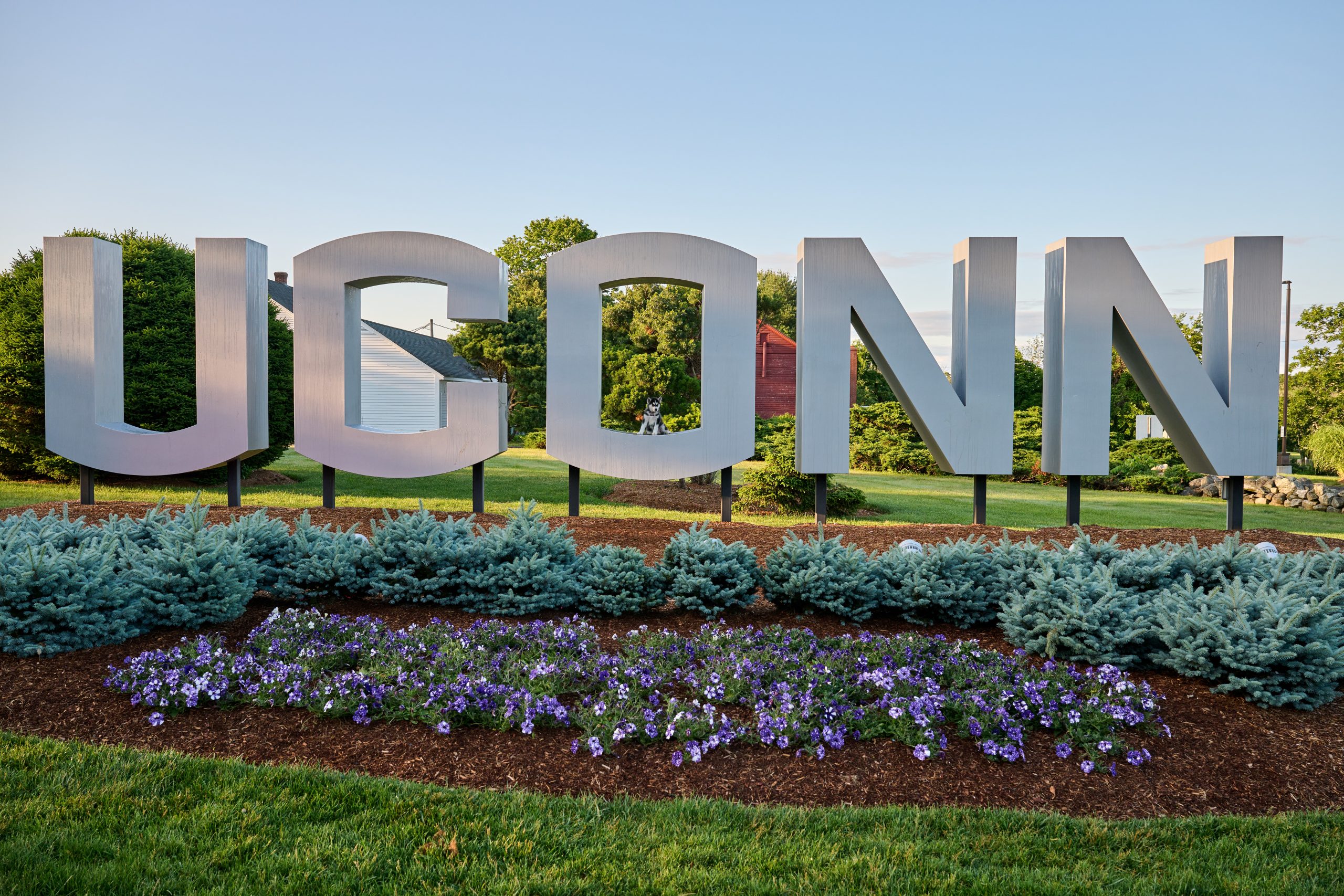Jonathan XV poses for a photo at the UConn gateway sign along RT 195 on June 19, 2023. (Peter Morenus/UConn Photo)
