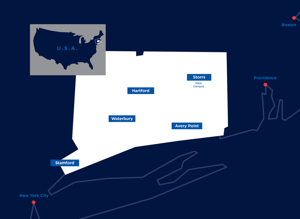UConn regional campus map that includes distance from boston and new york city