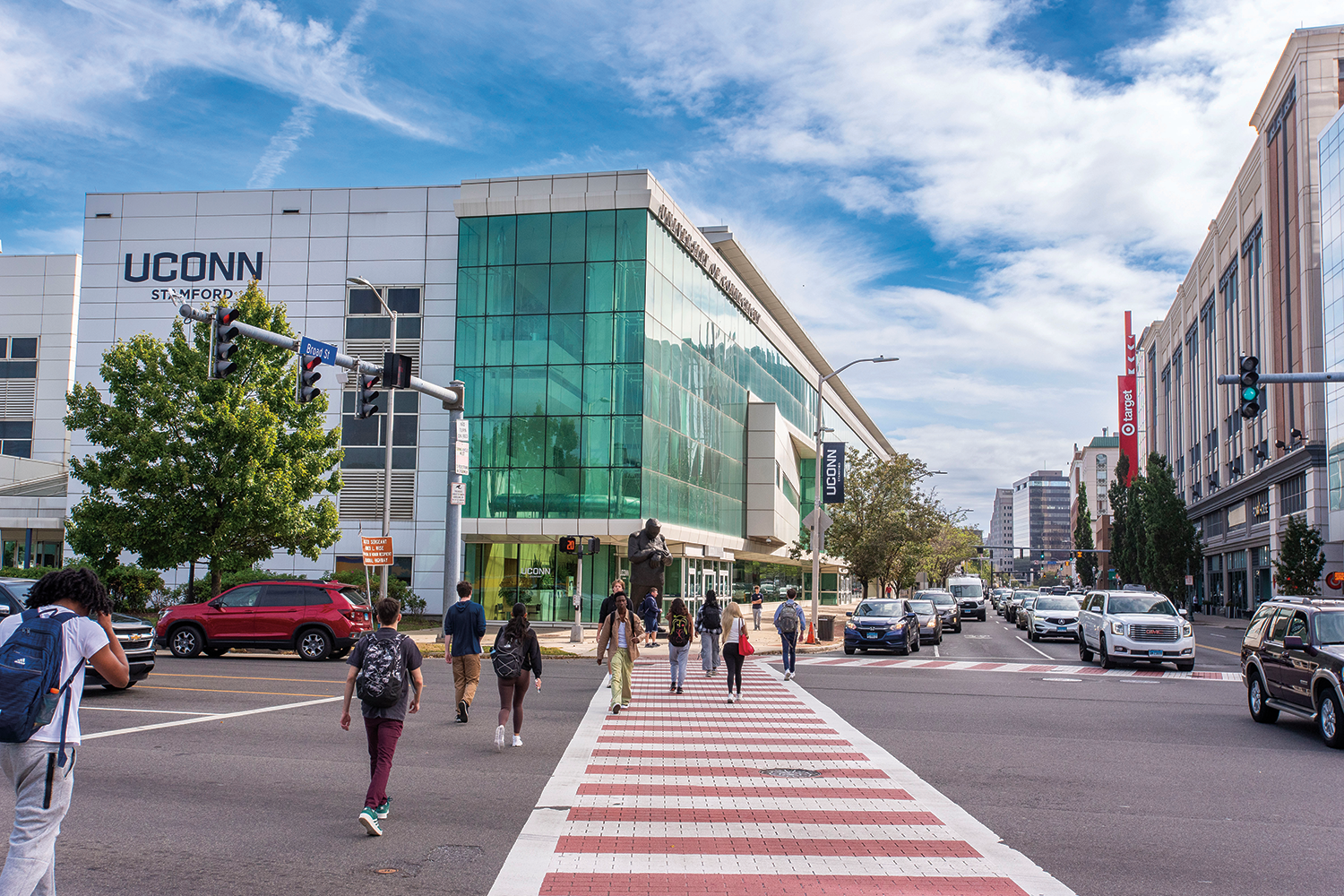 Busy crosswalk leading to the large UConn building in UConn Stamford campus